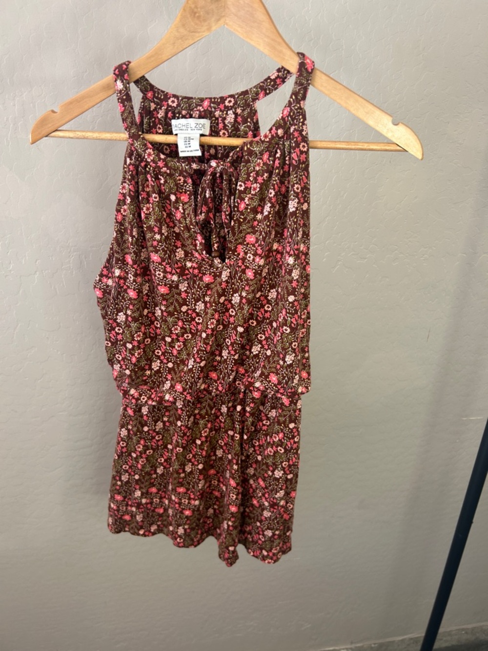 Rachel Zoe Floral Sleeveless Blouse Size M Boho Tie Neck Brown Pink